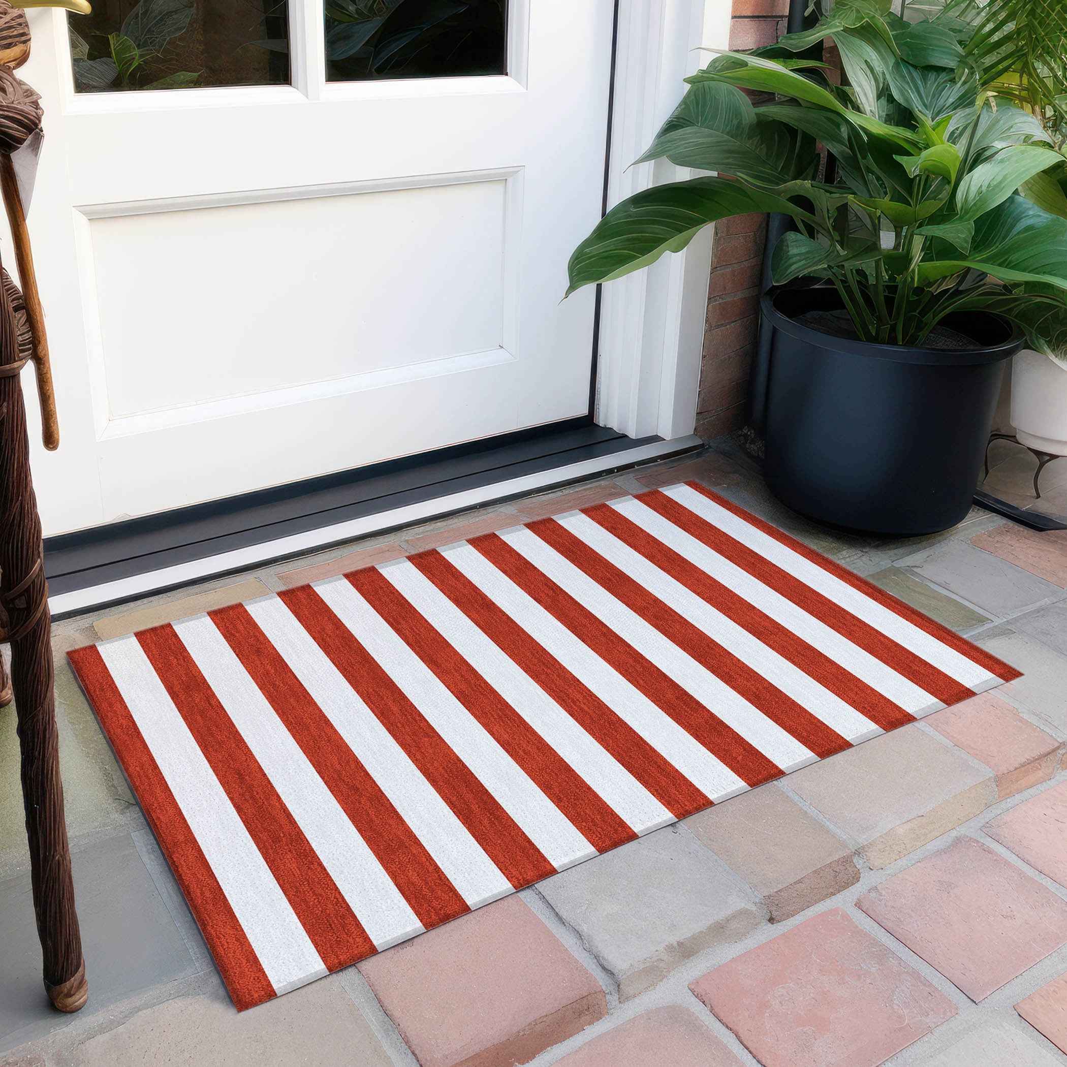 2' X 3' Red and White Striped Washable Non Skid Indoor Outdoor Area Rug
