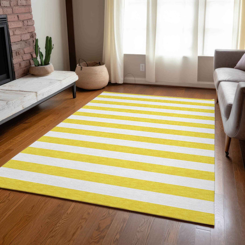 10' X 14' Yellow and White Striped Washable Indoor Outdoor Area Rug