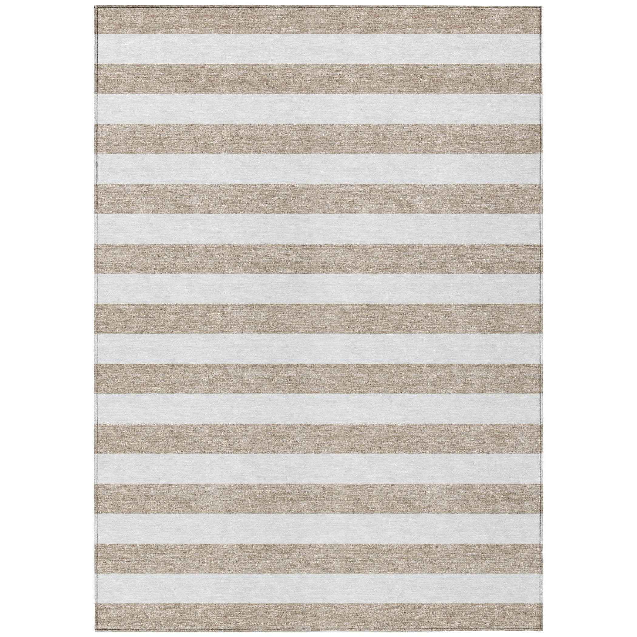 5' X 8' Taupe and White Striped Washable Indoor Outdoor Area Rug
