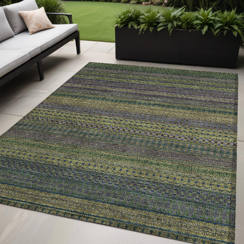 5' X 8' Olive Green Striped Washable Non Skid Indoor Outdoor Area Rug
