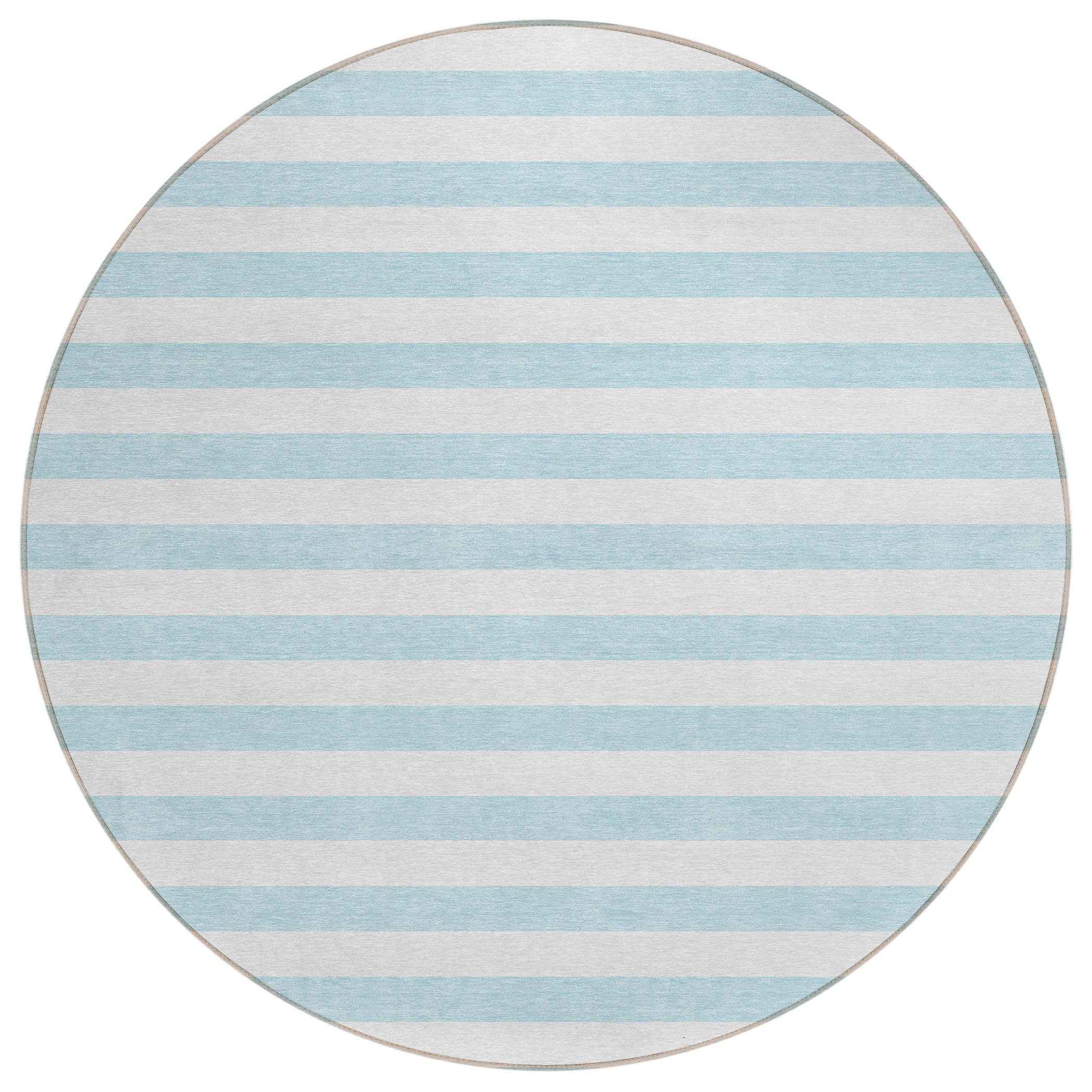 8' Round Sky Blue Round Striped Washable Non Skid Indoor Outdoor Area Rug