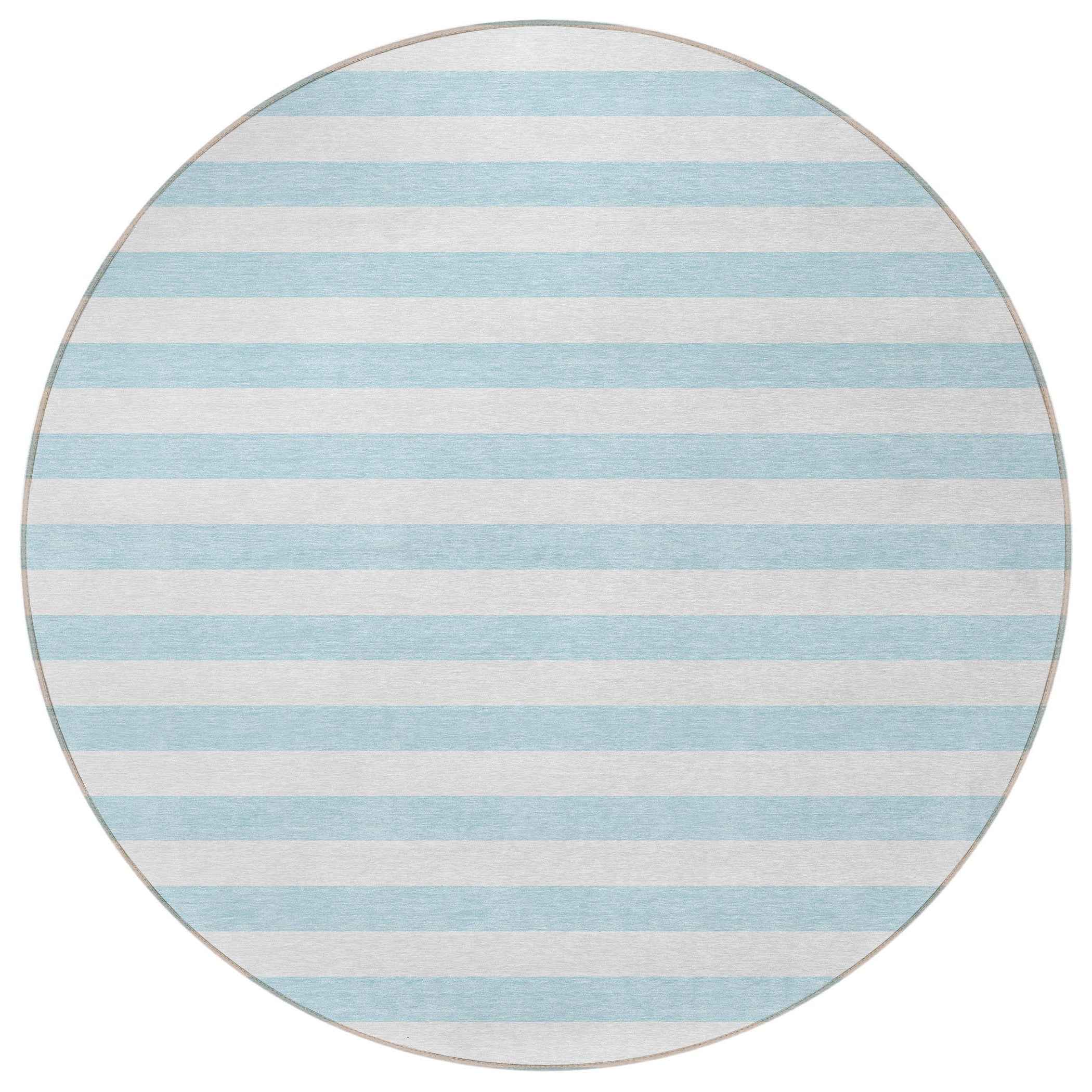 8' Round Sky Blue Round Striped Washable Non Skid Indoor Outdoor Area Rug