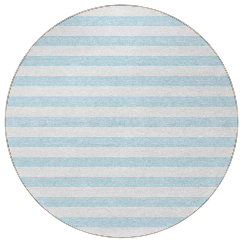 8' Round Sky Blue Round Striped Washable Non Skid Indoor Outdoor Area Rug