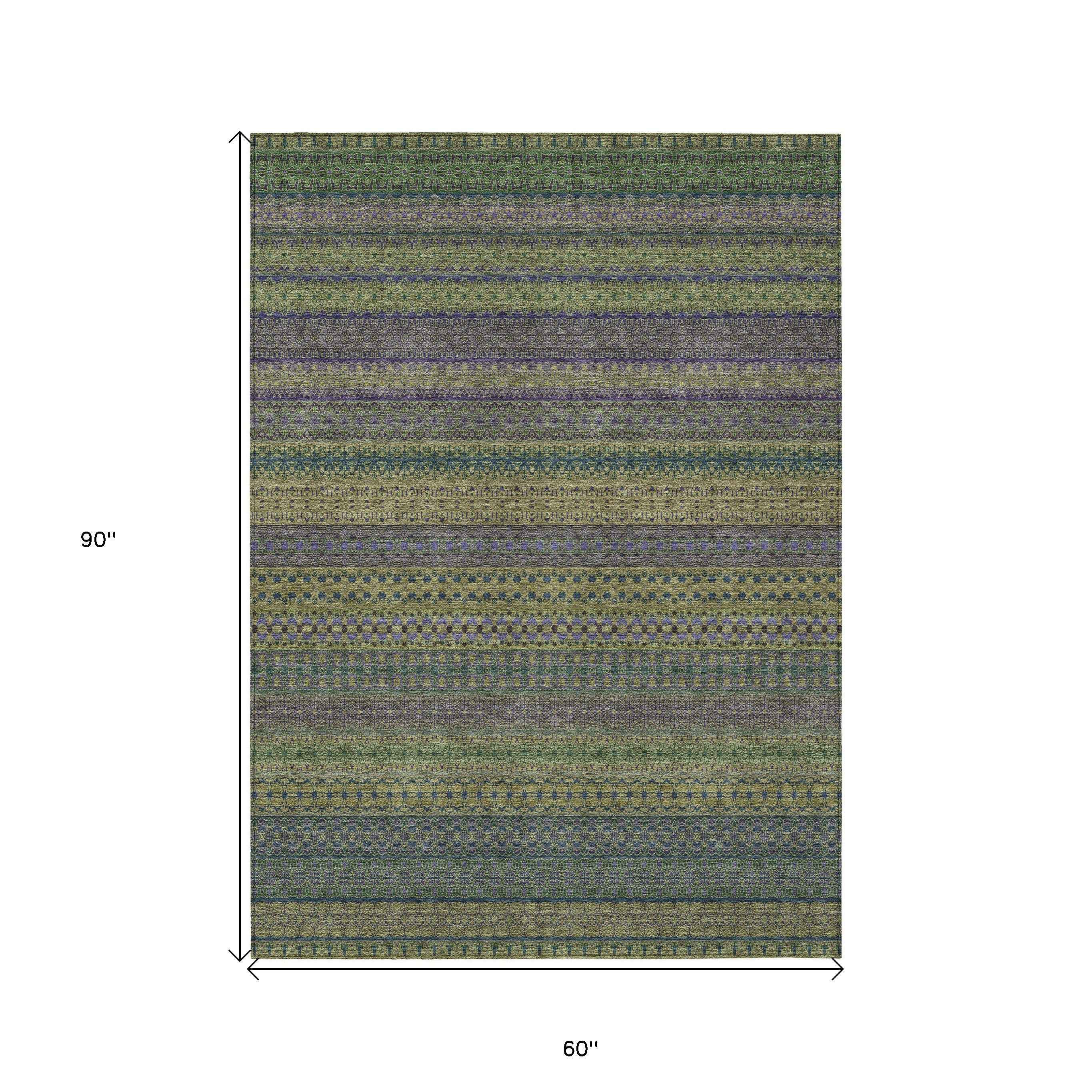 5' X 8' Olive Green Striped Washable Non Skid Indoor Outdoor Area Rug