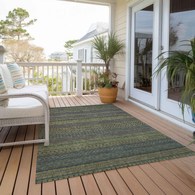 5' X 8' Olive Green Striped Washable Non Skid Indoor Outdoor Area Rug