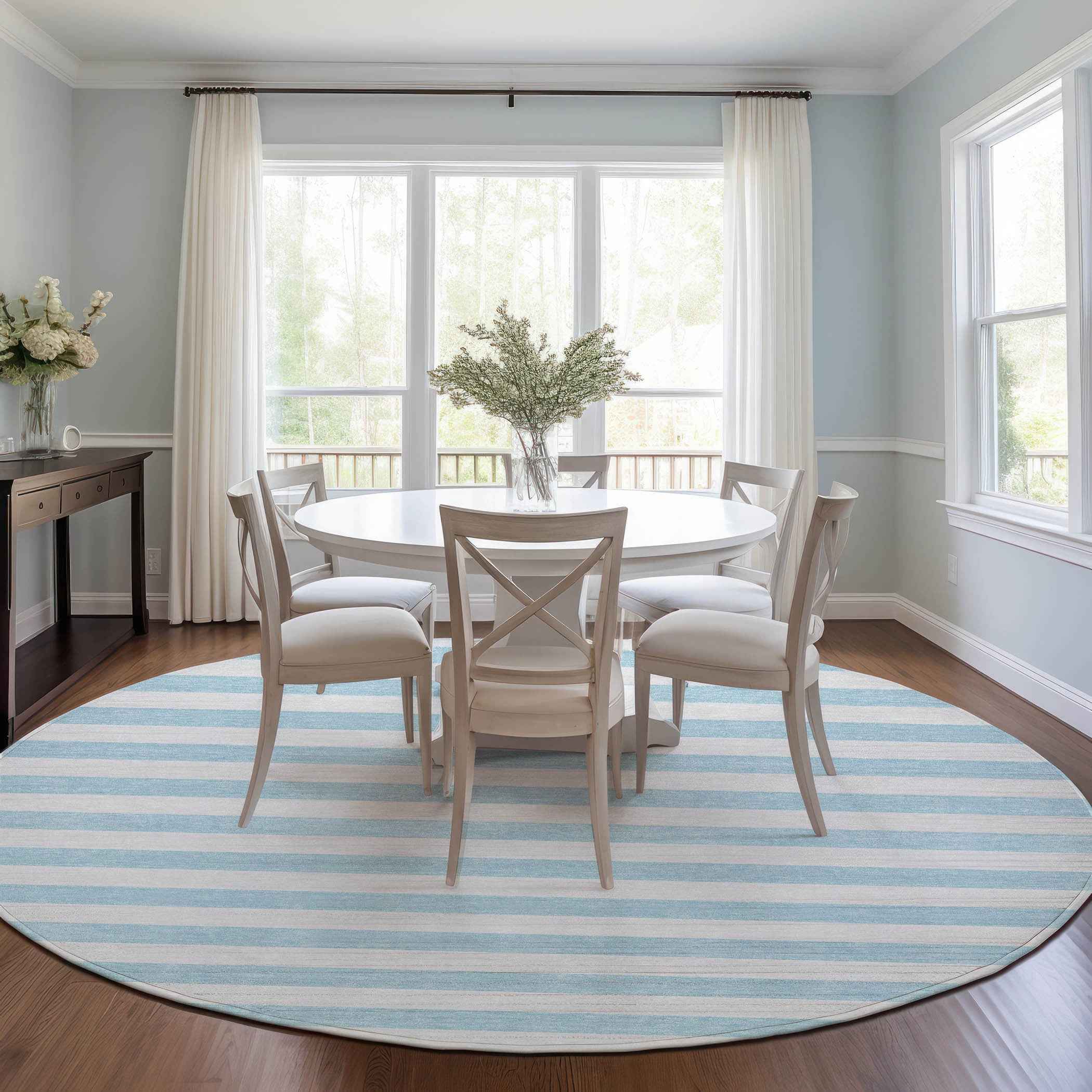 8' Round Sky Blue Round Striped Washable Non Skid Indoor Outdoor Area Rug