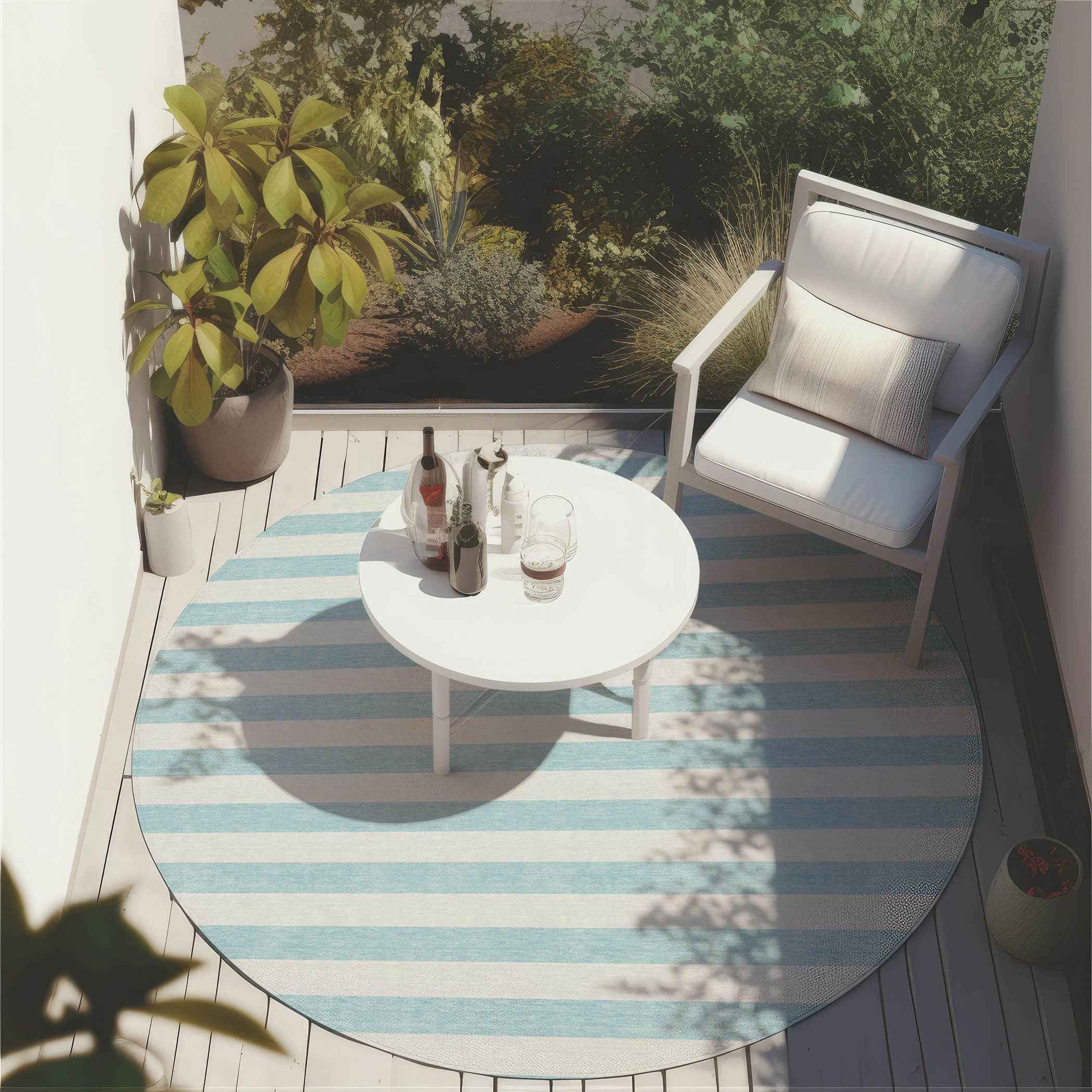 8' Round Sky Blue Round Striped Washable Non Skid Indoor Outdoor Area Rug