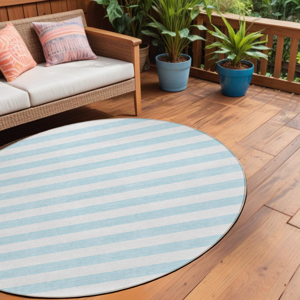 8' Round Sky Blue Round Striped Washable Non Skid Indoor Outdoor Area Rug
