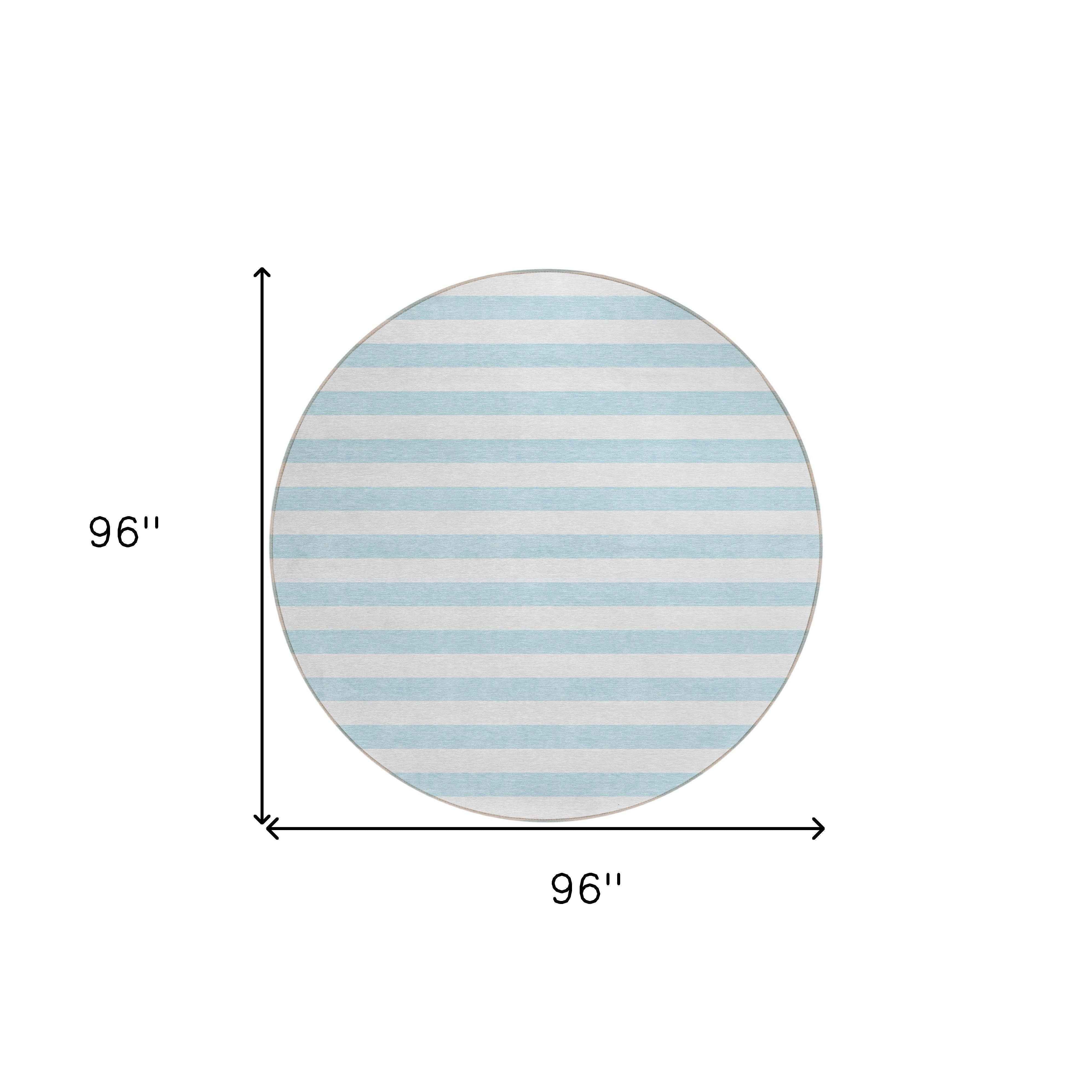 8' Round Sky Blue Round Striped Washable Non Skid Indoor Outdoor Area Rug