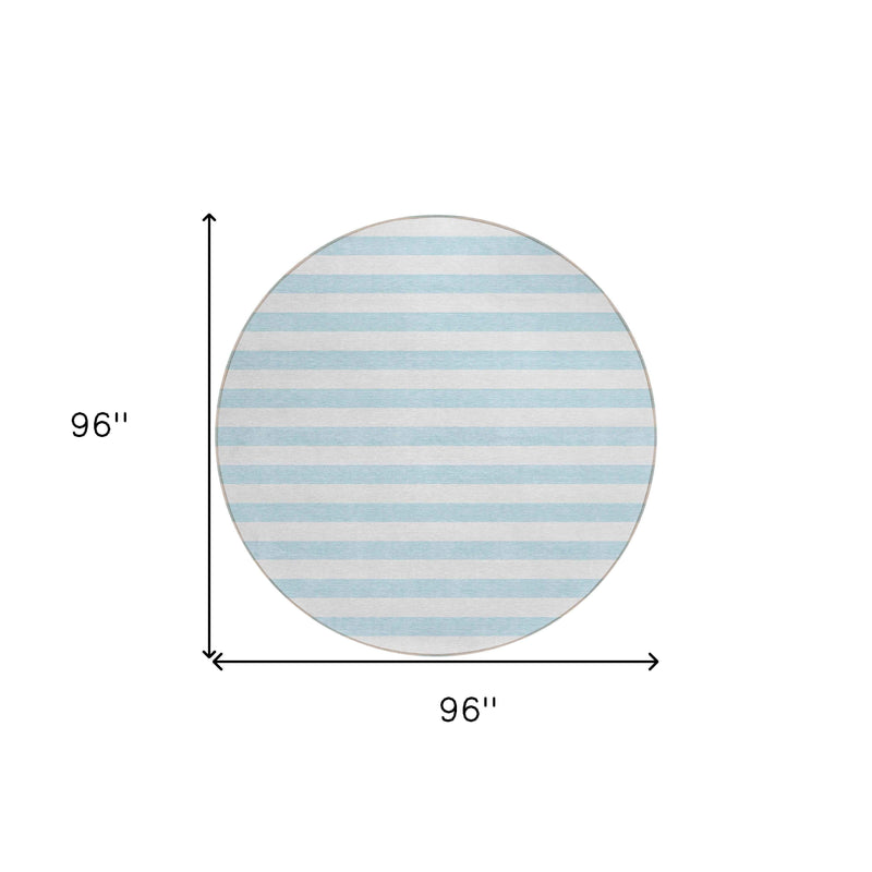 8' Round Sky Blue Round Striped Washable Non Skid Indoor Outdoor Area Rug