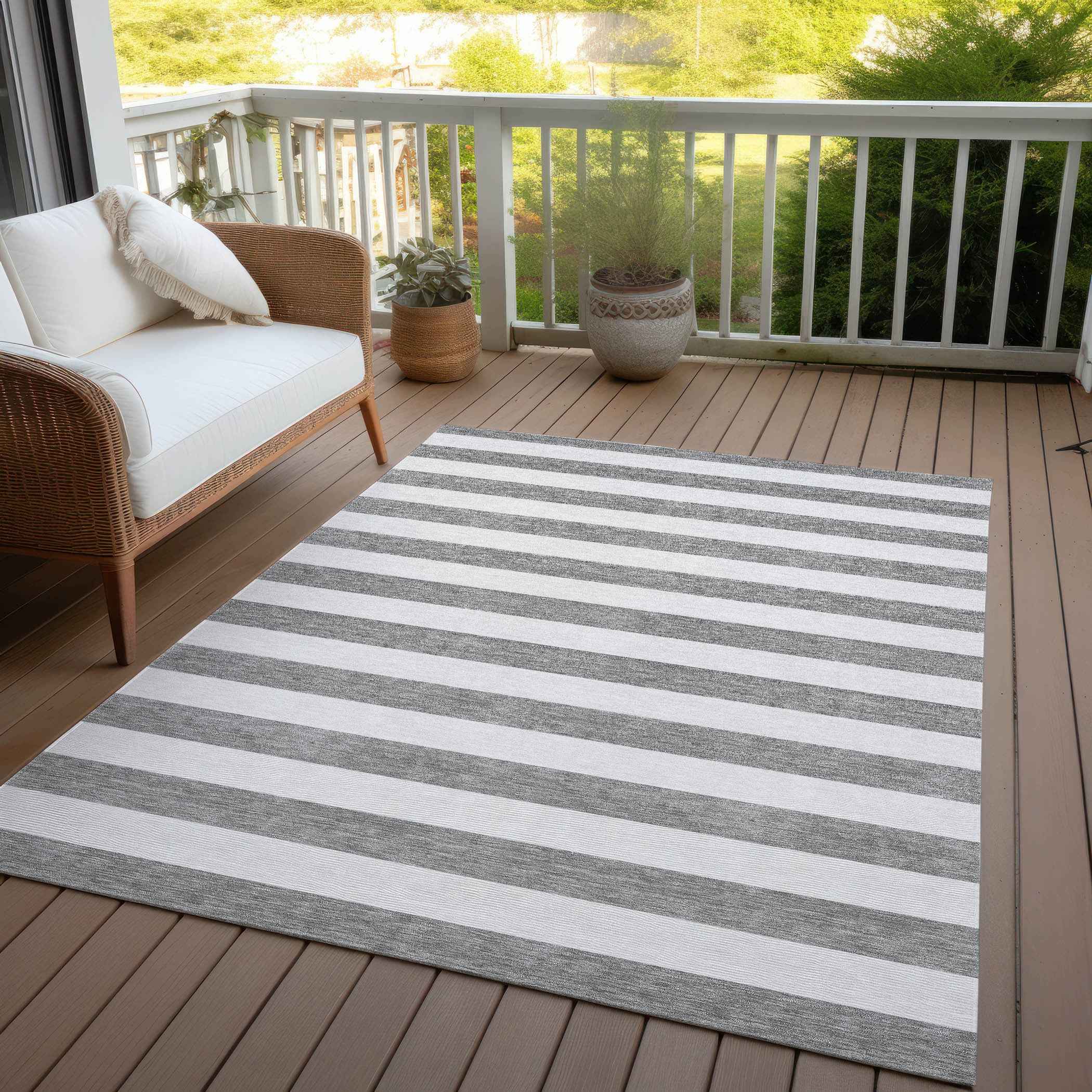 3' X 5' Gray and White Striped Washable Non Skid Indoor Outdoor Area Rug
