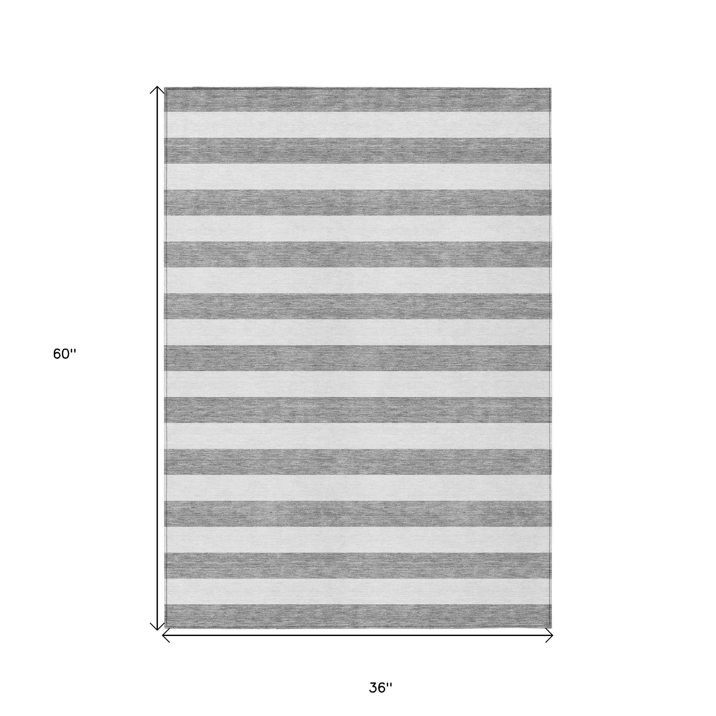 3' X 5' Gray and White Striped Washable Non Skid Indoor Outdoor Area Rug