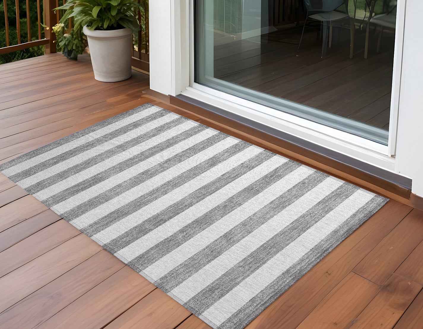 3' X 5' Gray and White Striped Washable Non Skid Indoor Outdoor Area Rug