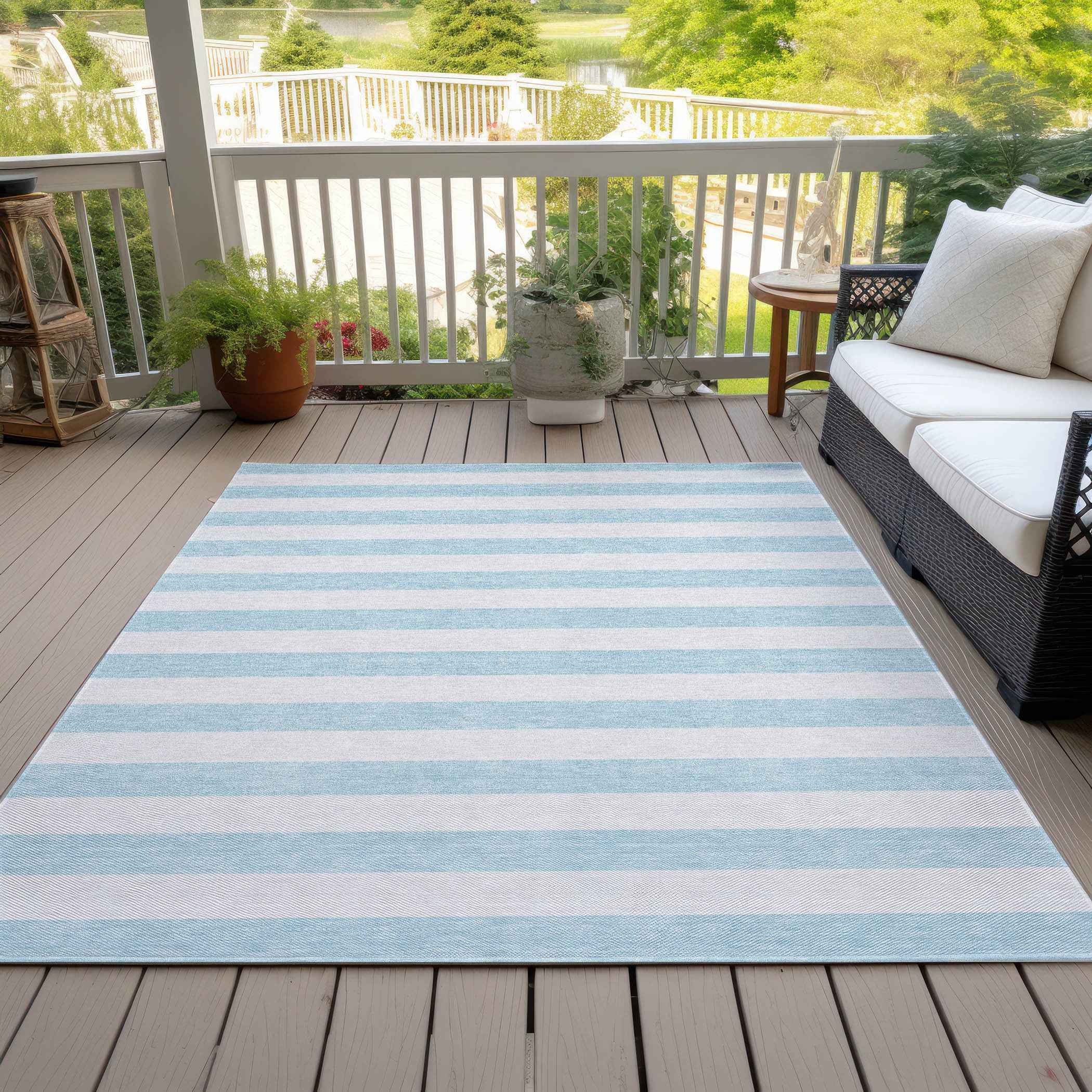 8' X 10' Blue and White Striped Washable Indoor Outdoor Area Rug