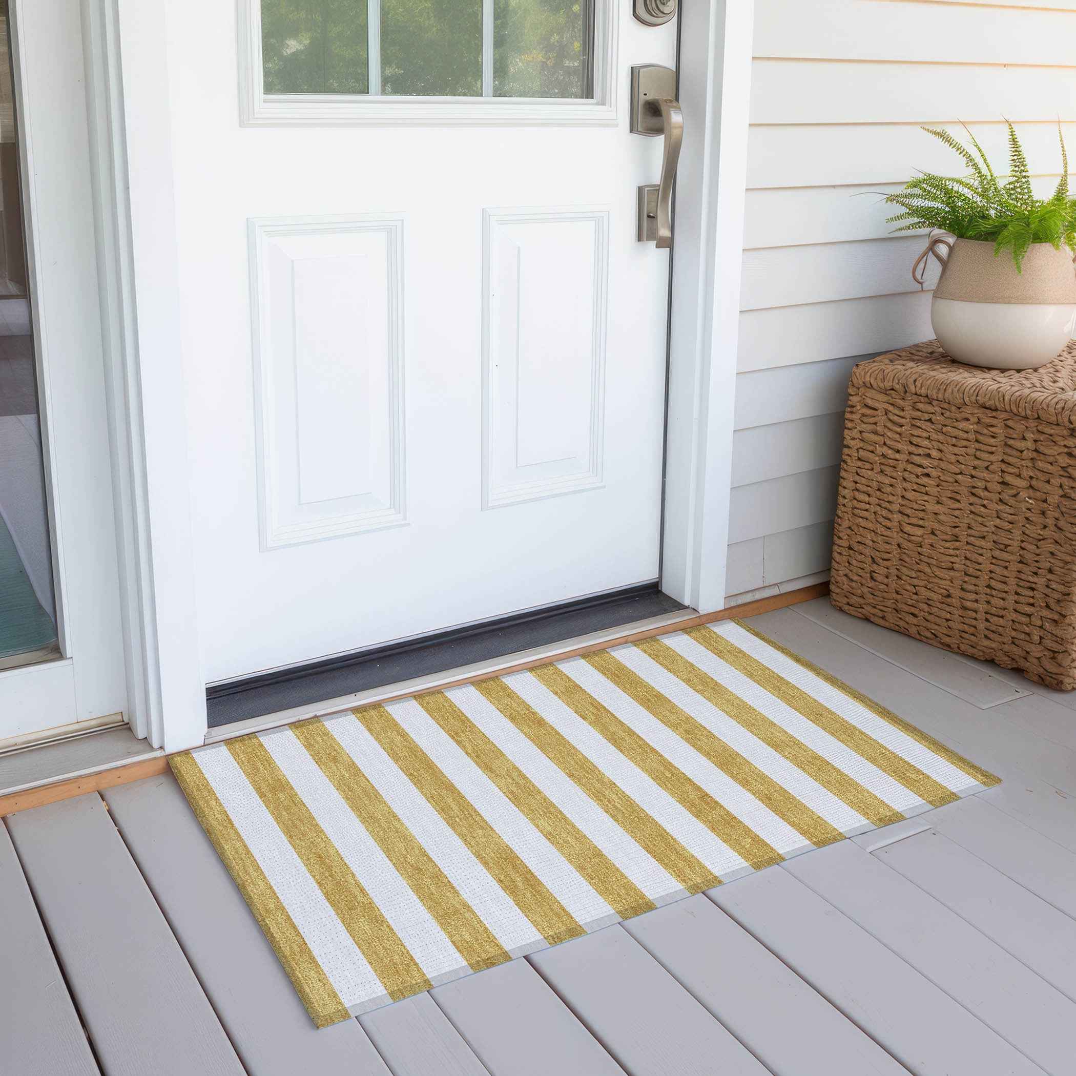 2' X 3' Gold Striped Washable Non Skid Indoor Outdoor Area Rug