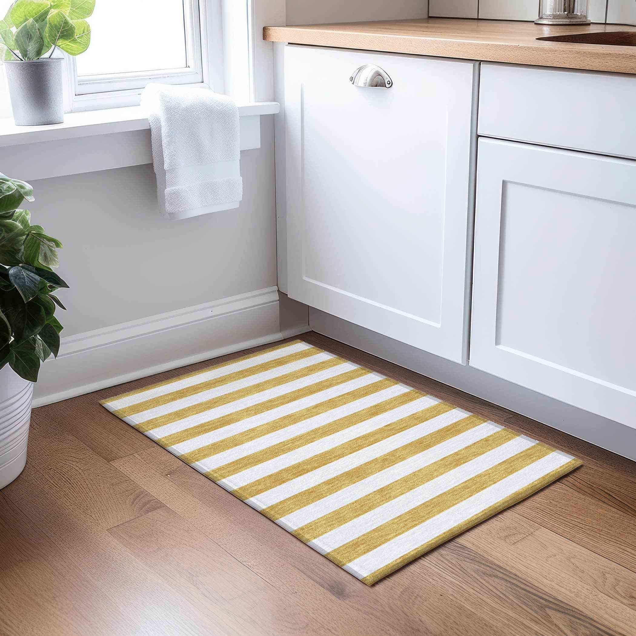 2' X 3' Gold Striped Washable Non Skid Indoor Outdoor Area Rug