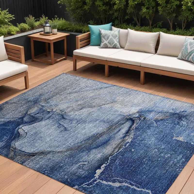 9' X 12' Navy Blue Abstract Washable Non Skid Indoor Outdoor Area Rug