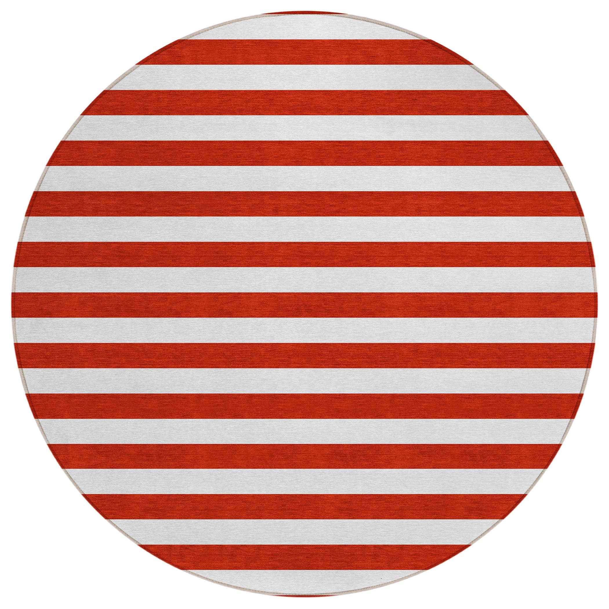 8' Round Red and White Round Striped Washable Non Skid Indoor Outdoor Area Rug