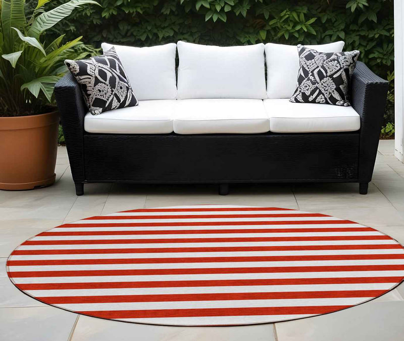 8' Round Red and White Round Striped Washable Non Skid Indoor Outdoor Area Rug