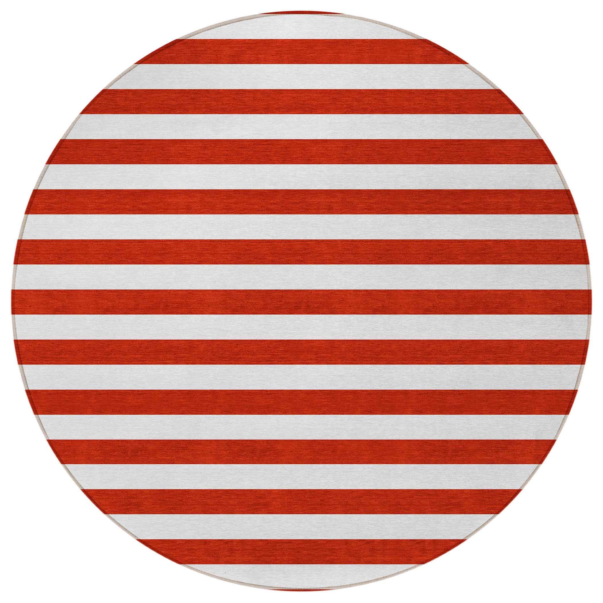 8' Round Red and White Round Striped Washable Non Skid Indoor Outdoor Area Rug