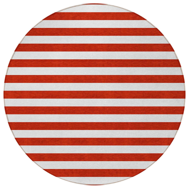 8' Round Red and White Round Striped Washable Non Skid Indoor Outdoor Area Rug