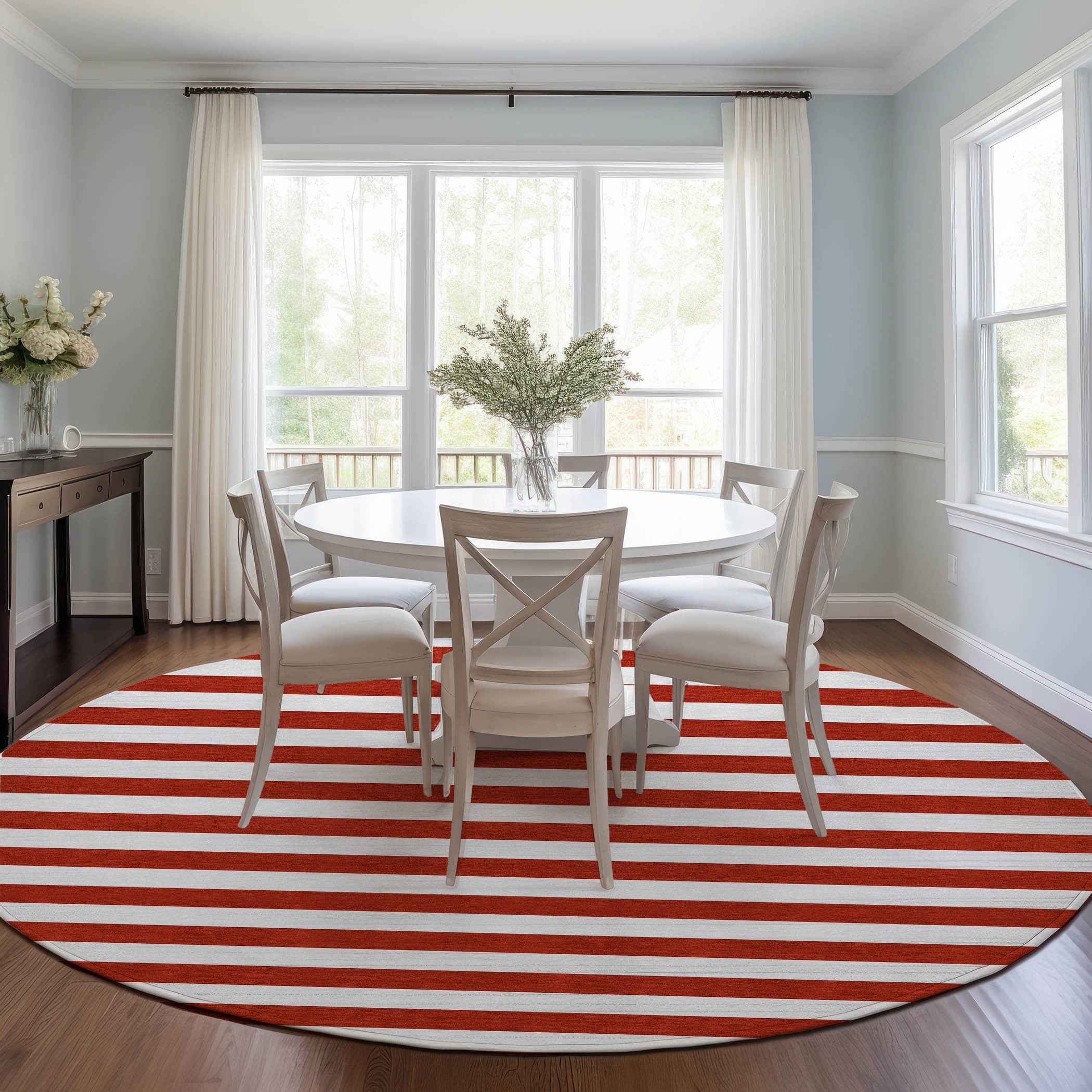 8' Round Red and White Round Striped Washable Non Skid Indoor Outdoor Area Rug