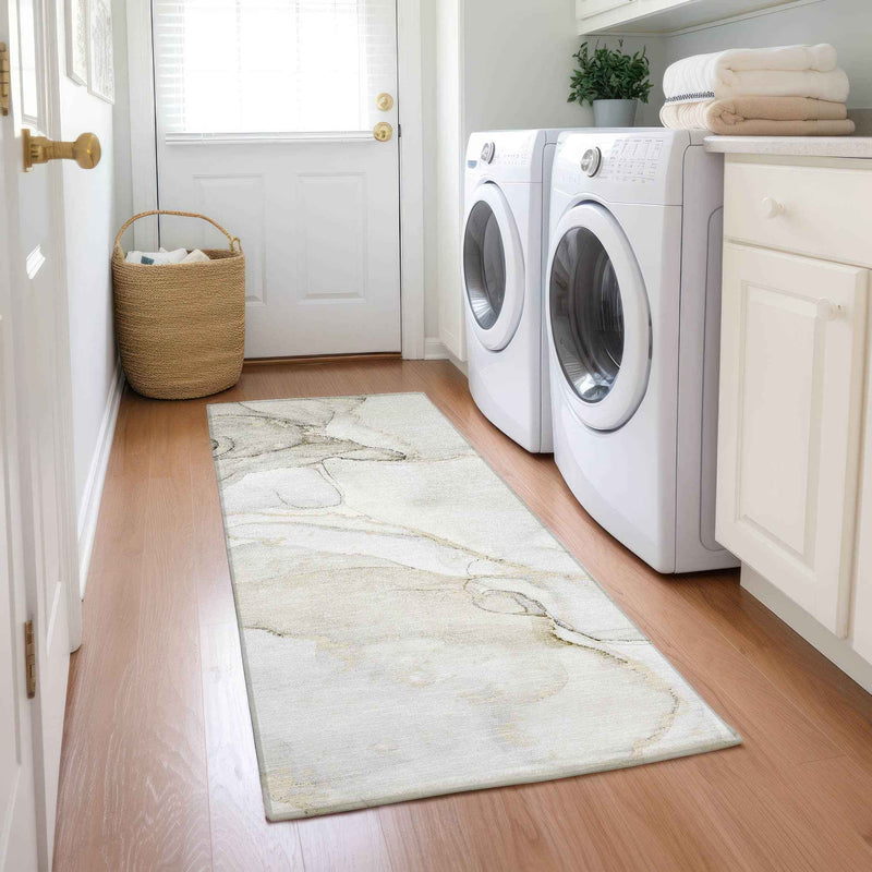 8' Runner Beige and Ivory Abstract Washable Non Skid Indoor Outdoor Runner Rug