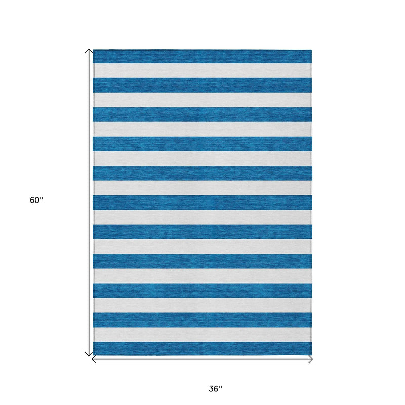 3' X 5' Navy Blue Striped Washable Non Skid Indoor Outdoor Area Rug