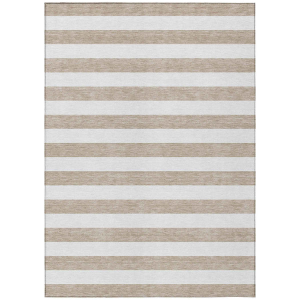 10' X 14' Taupe and White Striped Washable Indoor Outdoor Area Rug