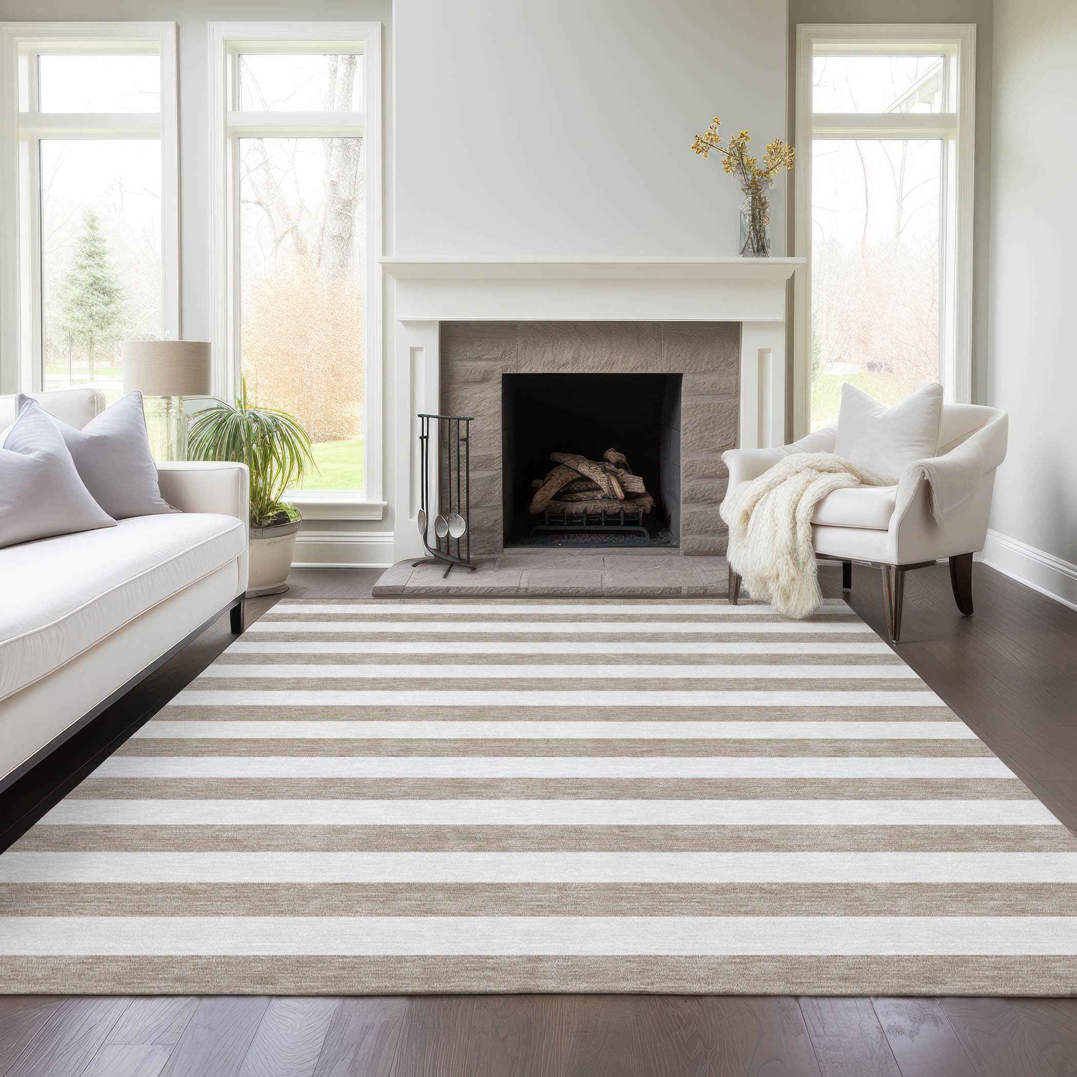10' X 14' Taupe and White Striped Washable Indoor Outdoor Area Rug
