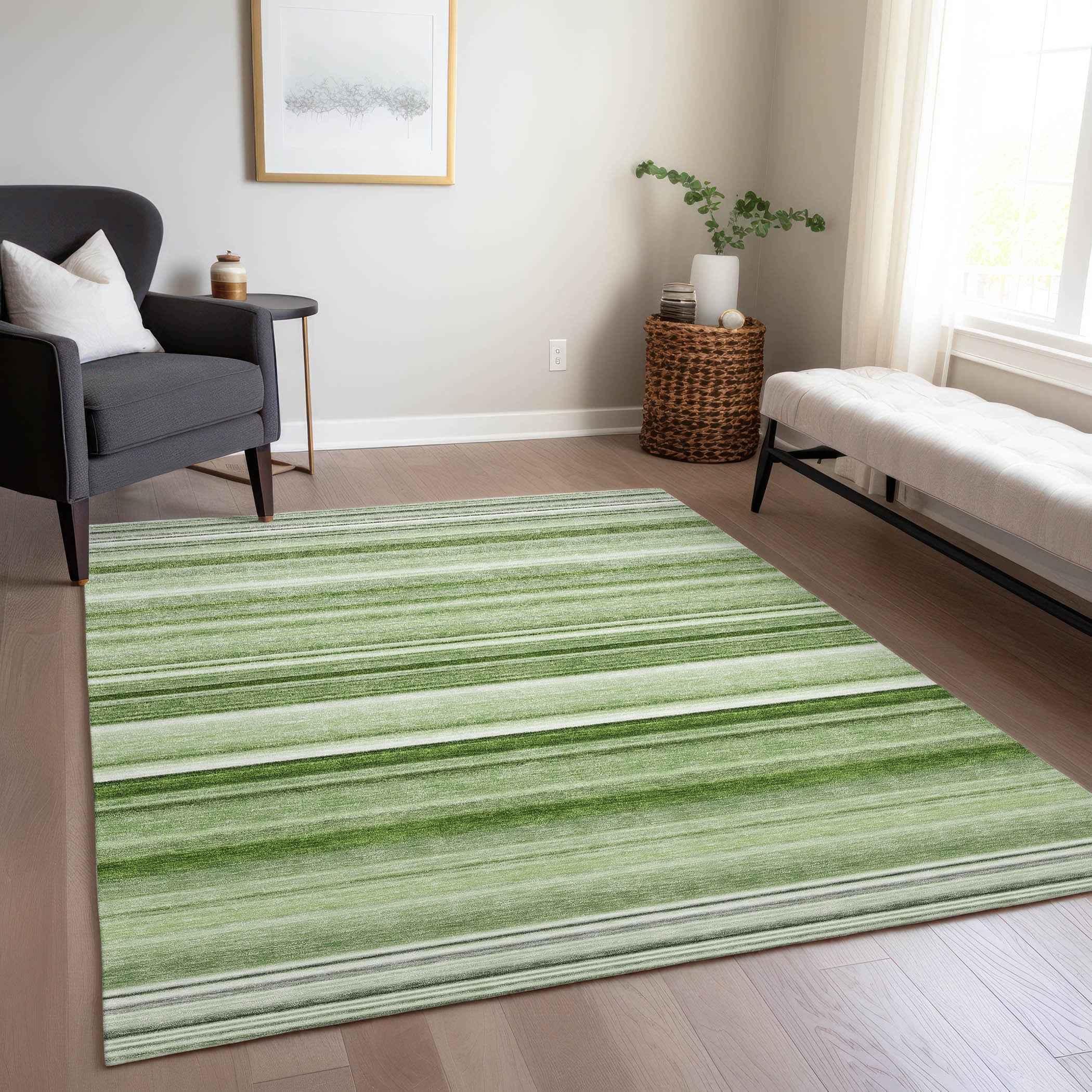 5' X 8' Artichoke Green Striped Washable Indoor Outdoor Area Rug