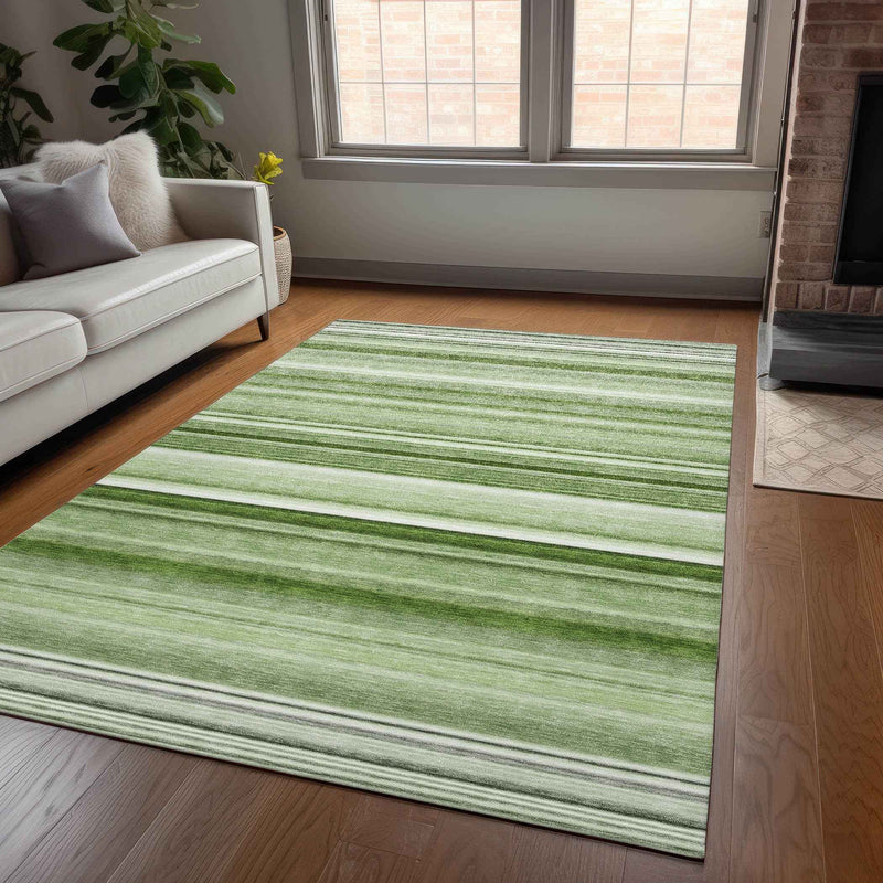 5' X 8' Artichoke Green Striped Washable Indoor Outdoor Area Rug
