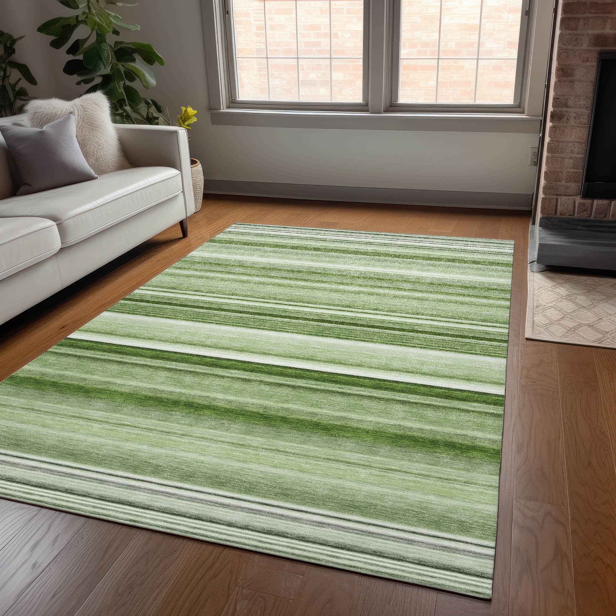 10' X 14' Artichoke Green Striped Washable Indoor Outdoor Area Rug