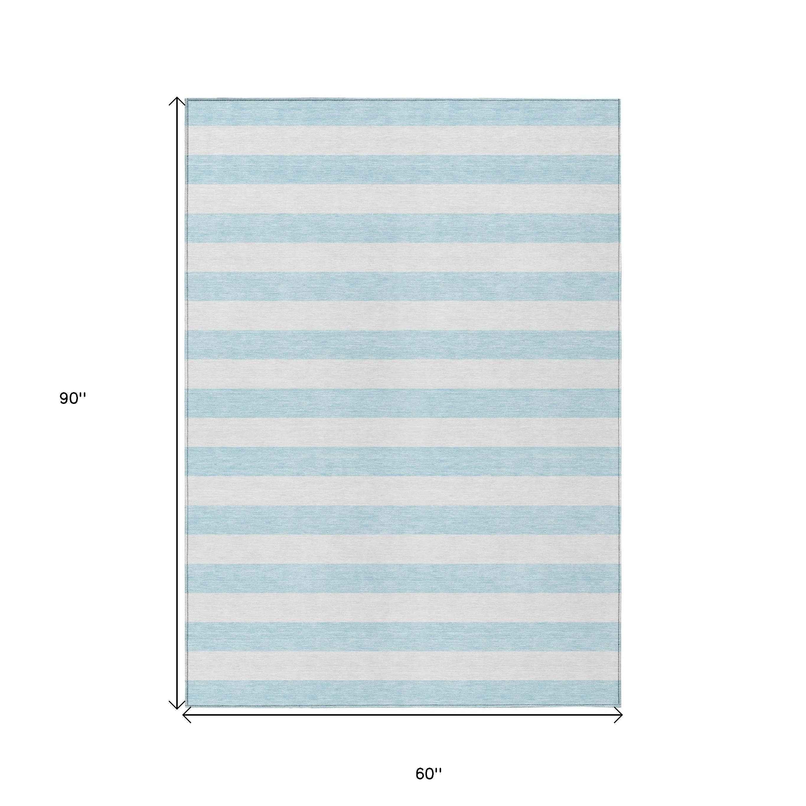 5' X 8' Sky Blue Striped Washable Non Skid Indoor Outdoor Area Rug