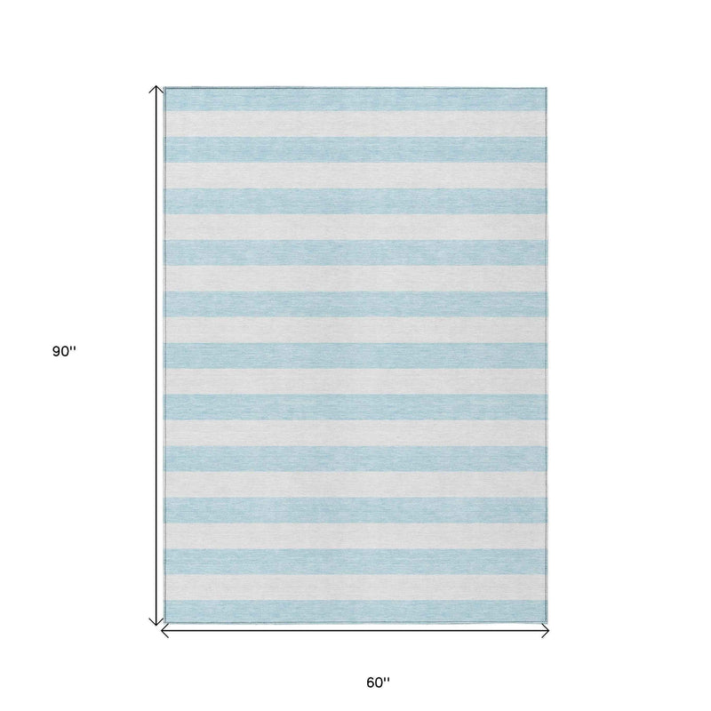 5' X 8' Sky Blue Striped Washable Non Skid Indoor Outdoor Area Rug