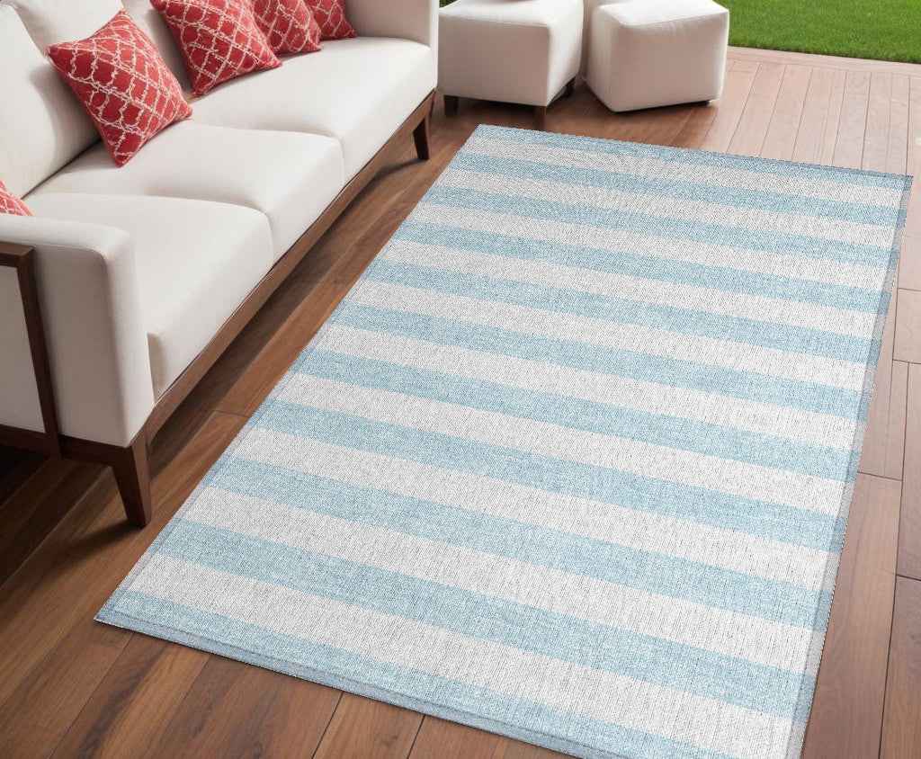 5' X 8' Sky Blue Striped Washable Non Skid Indoor Outdoor Area Rug