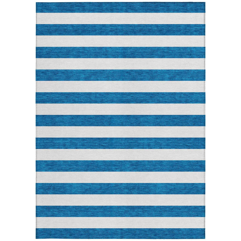 5' X 8' Navy Blue Striped Washable Non Skid Indoor Outdoor Area Rug