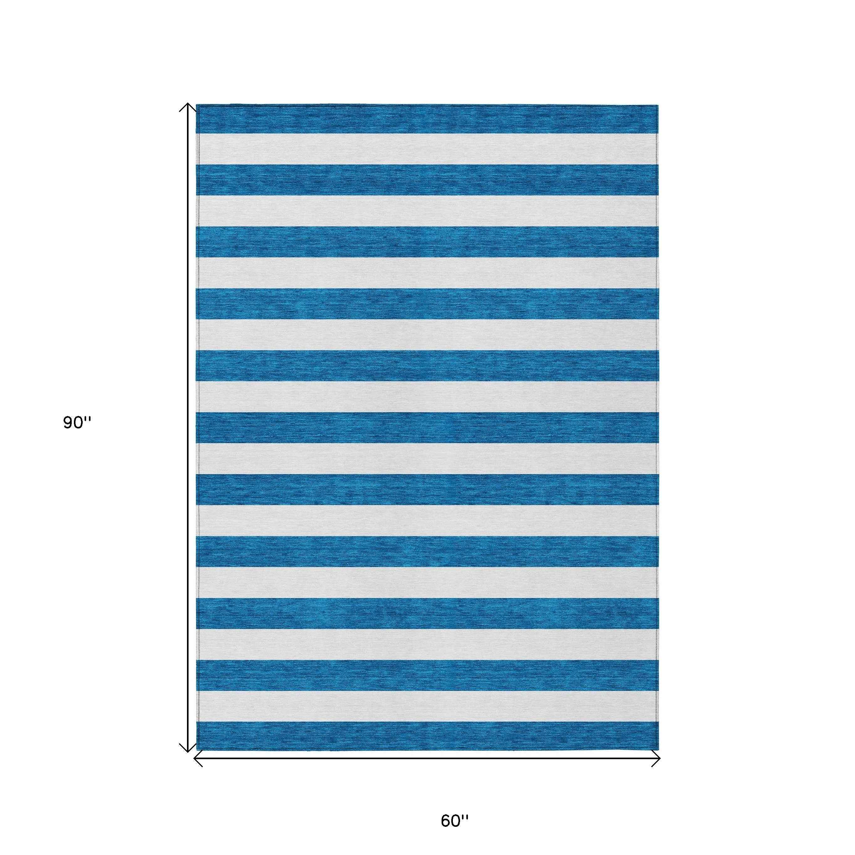 5' X 8' Navy Blue Striped Washable Non Skid Indoor Outdoor Area Rug