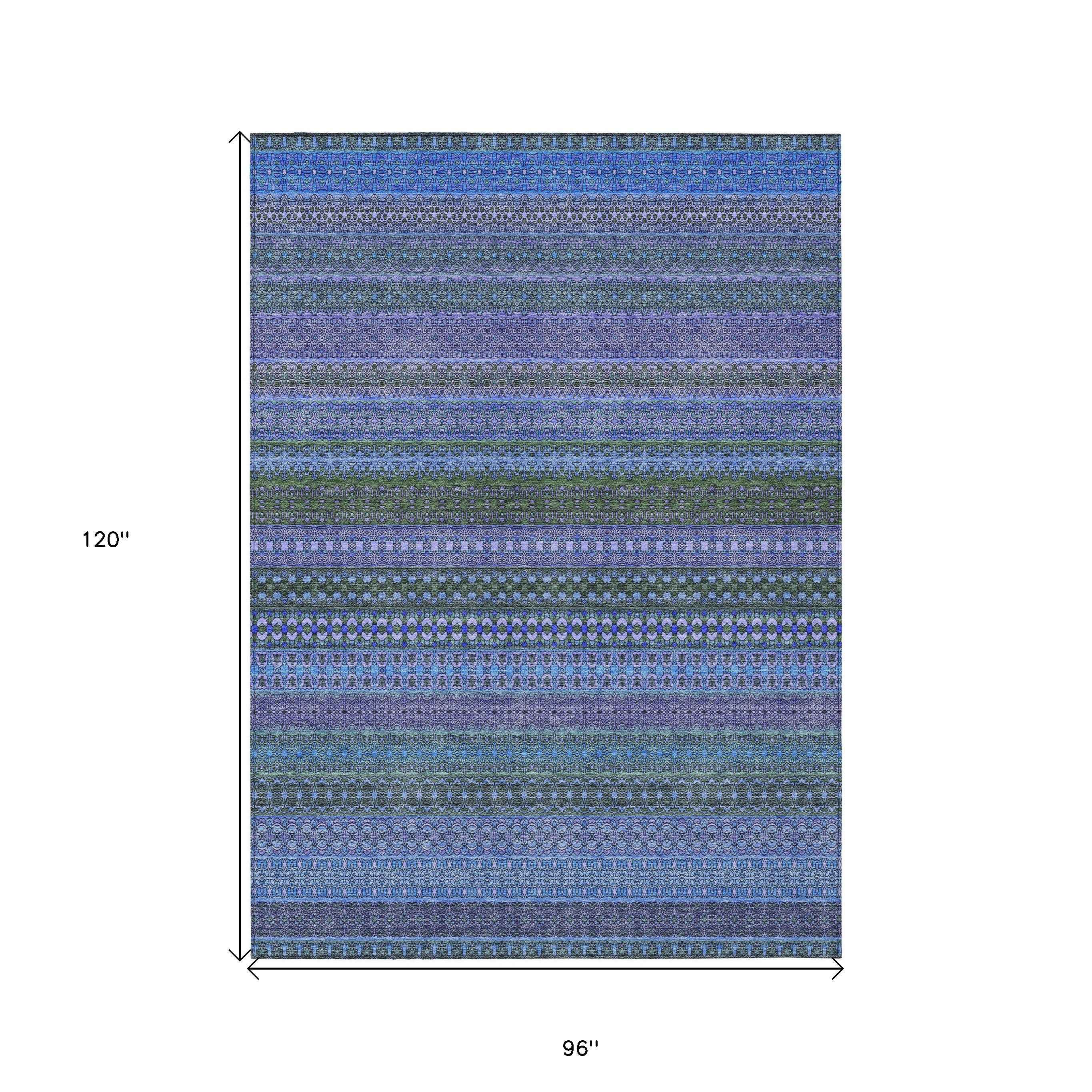 8' X 10' Blue and Green Striped Washable Non Skid Indoor Outdoor Area Rug