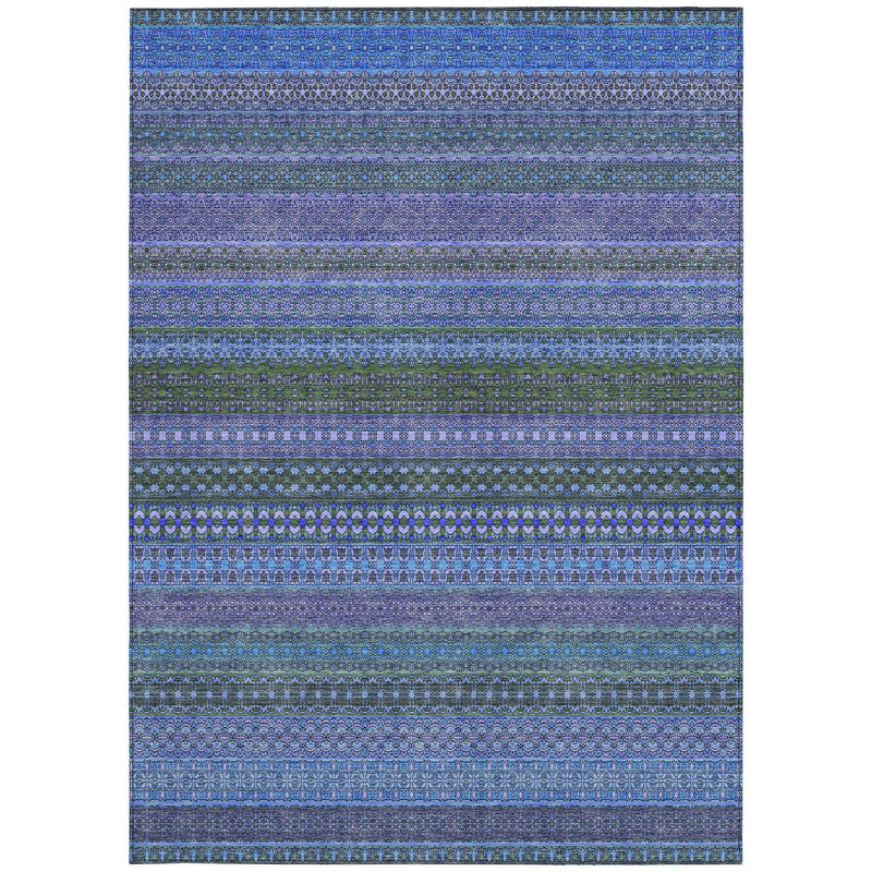 8' X 10' Blue and Green Striped Washable Non Skid Indoor Outdoor Area Rug