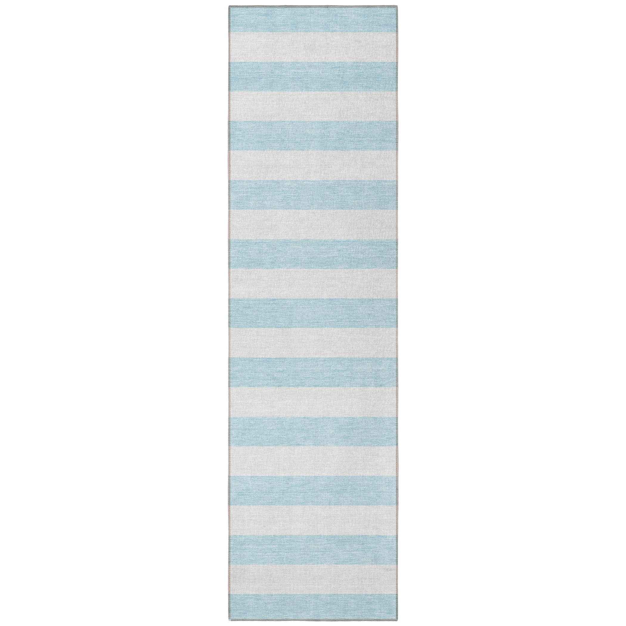 8' Runner Sky Blue Striped Washable Non Skid Indoor Outdoor Runner Rug