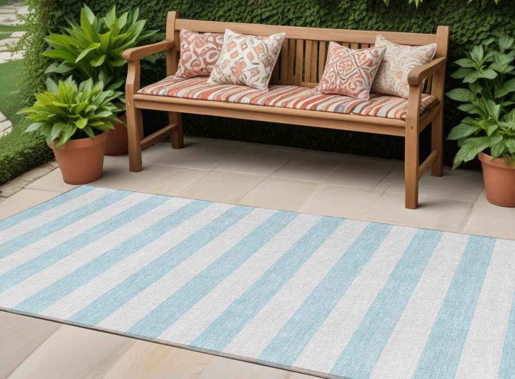 8' Runner Sky Blue Striped Washable Non Skid Indoor Outdoor Runner Rug