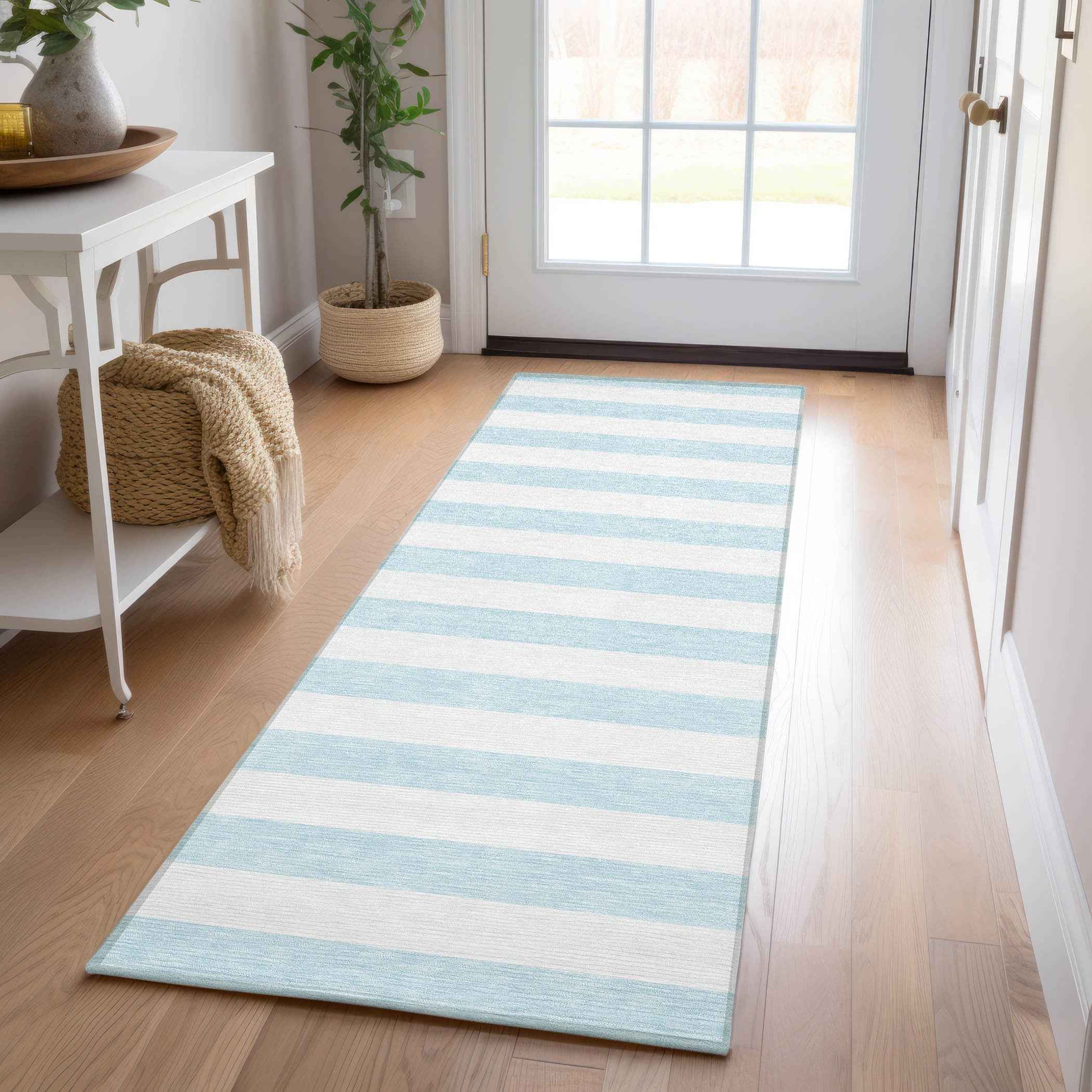 8' Runner Sky Blue Striped Washable Non Skid Indoor Outdoor Runner Rug