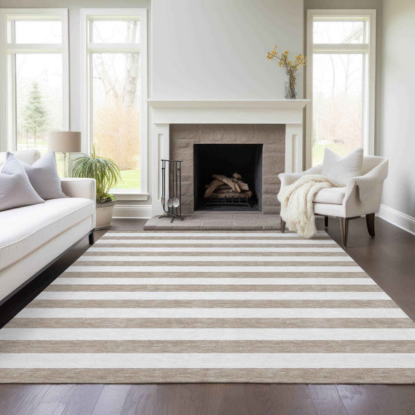 8' X 10' Taupe and White Striped Washable Indoor Outdoor Area Rug