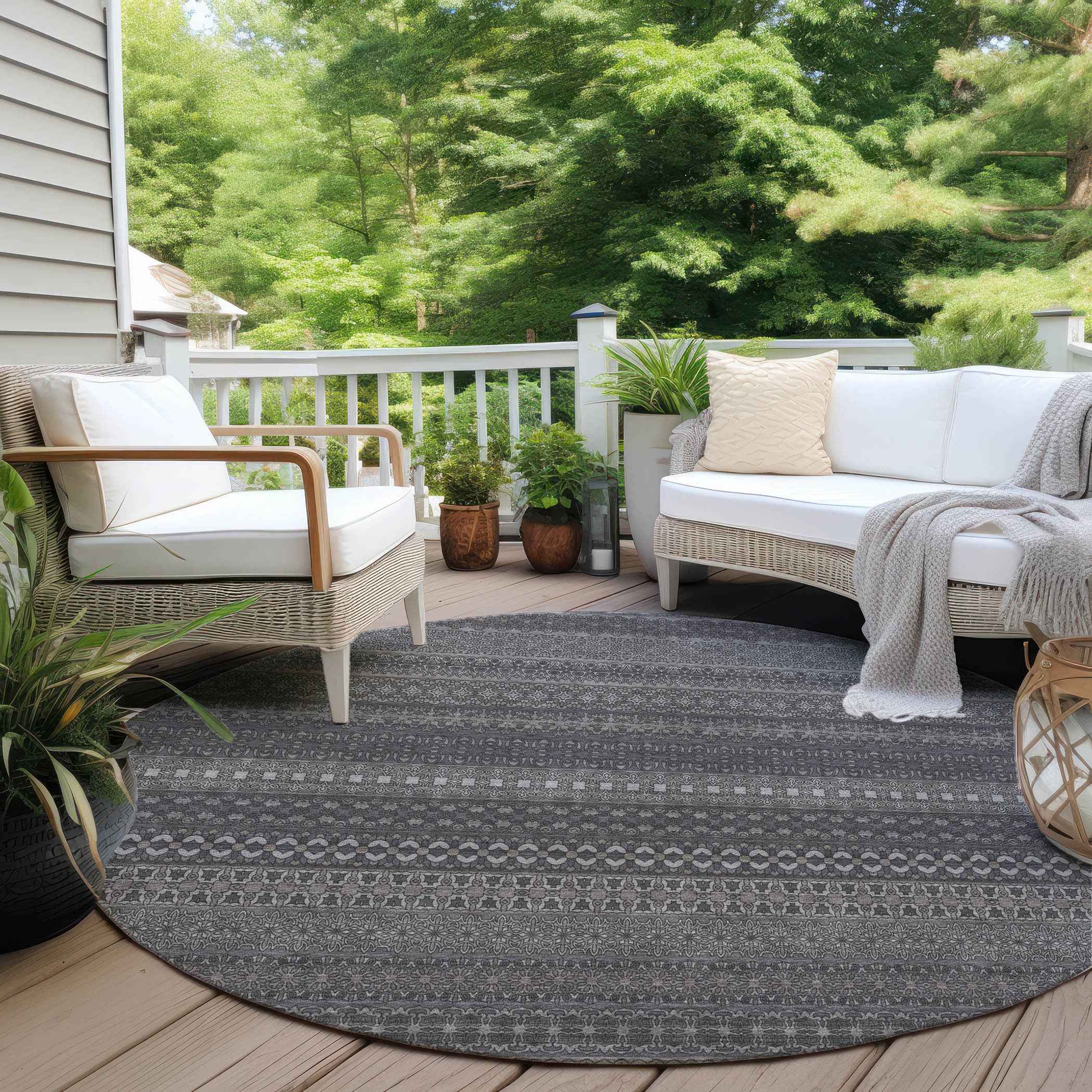 8' Round Gray Round Striped Washable Non Skid Indoor Outdoor Area Rug