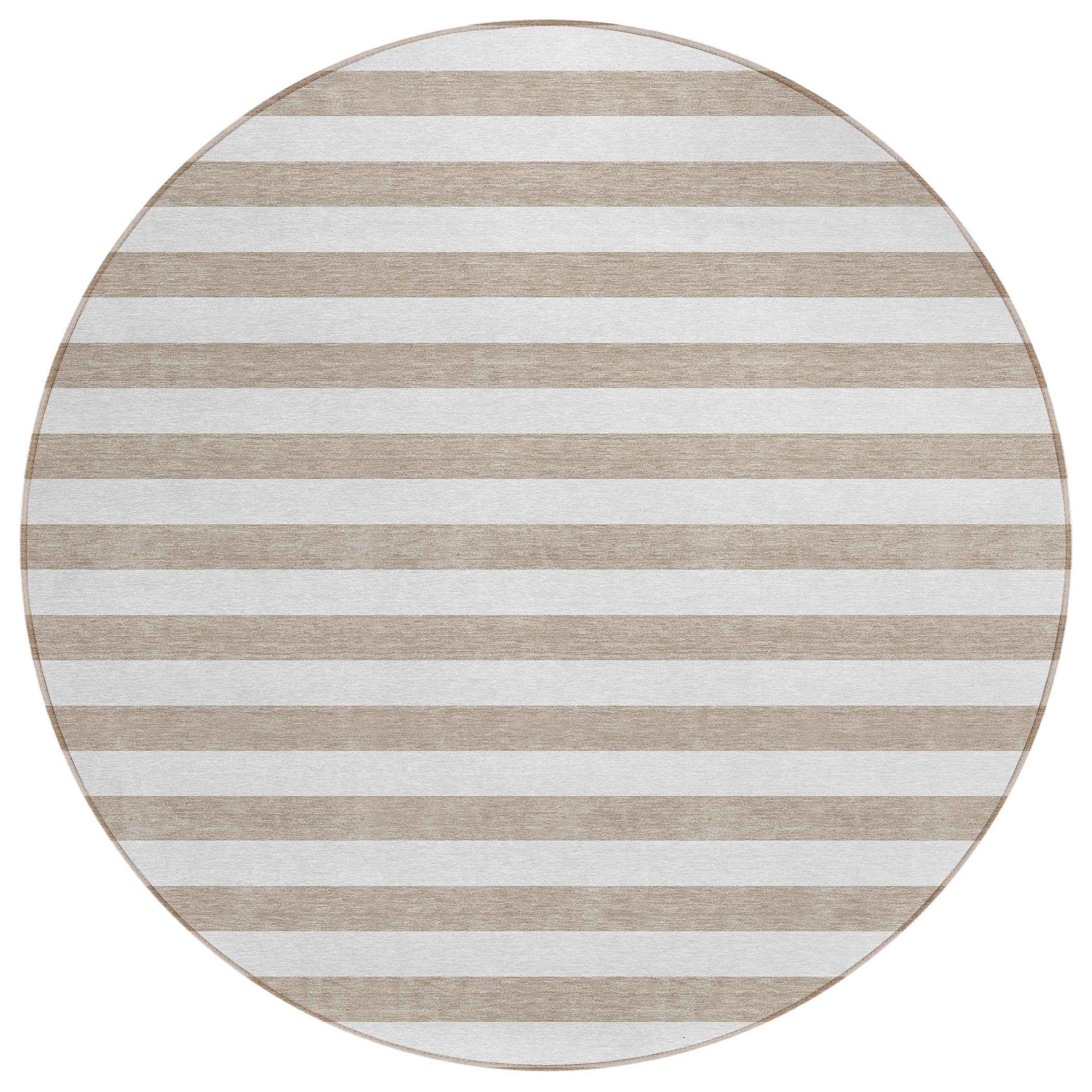 8' X 8' Taupe and White Round Striped Washable Indoor Outdoor Area Rug