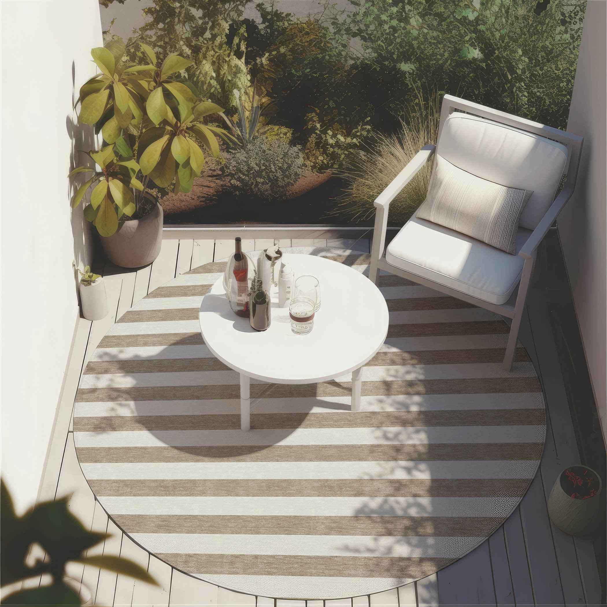8' X 8' Taupe and White Round Striped Washable Indoor Outdoor Area Rug