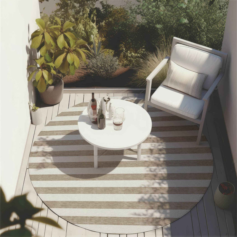 8' X 8' Taupe and White Round Striped Washable Indoor Outdoor Area Rug