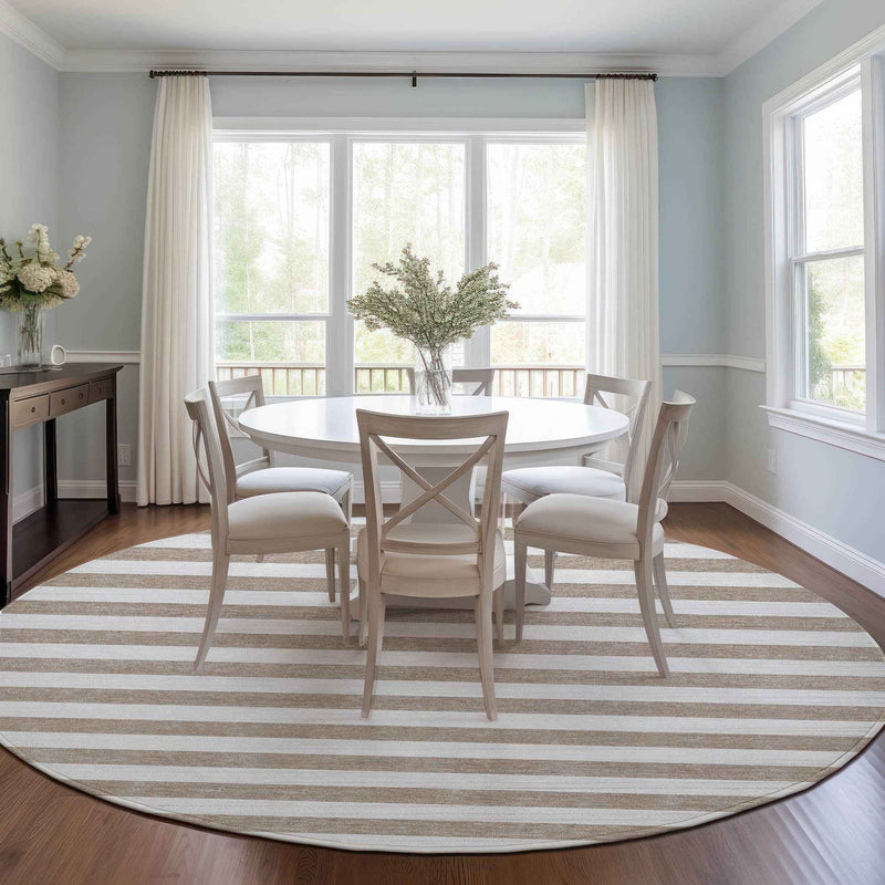 8' X 8' Taupe and White Round Striped Washable Indoor Outdoor Area Rug
