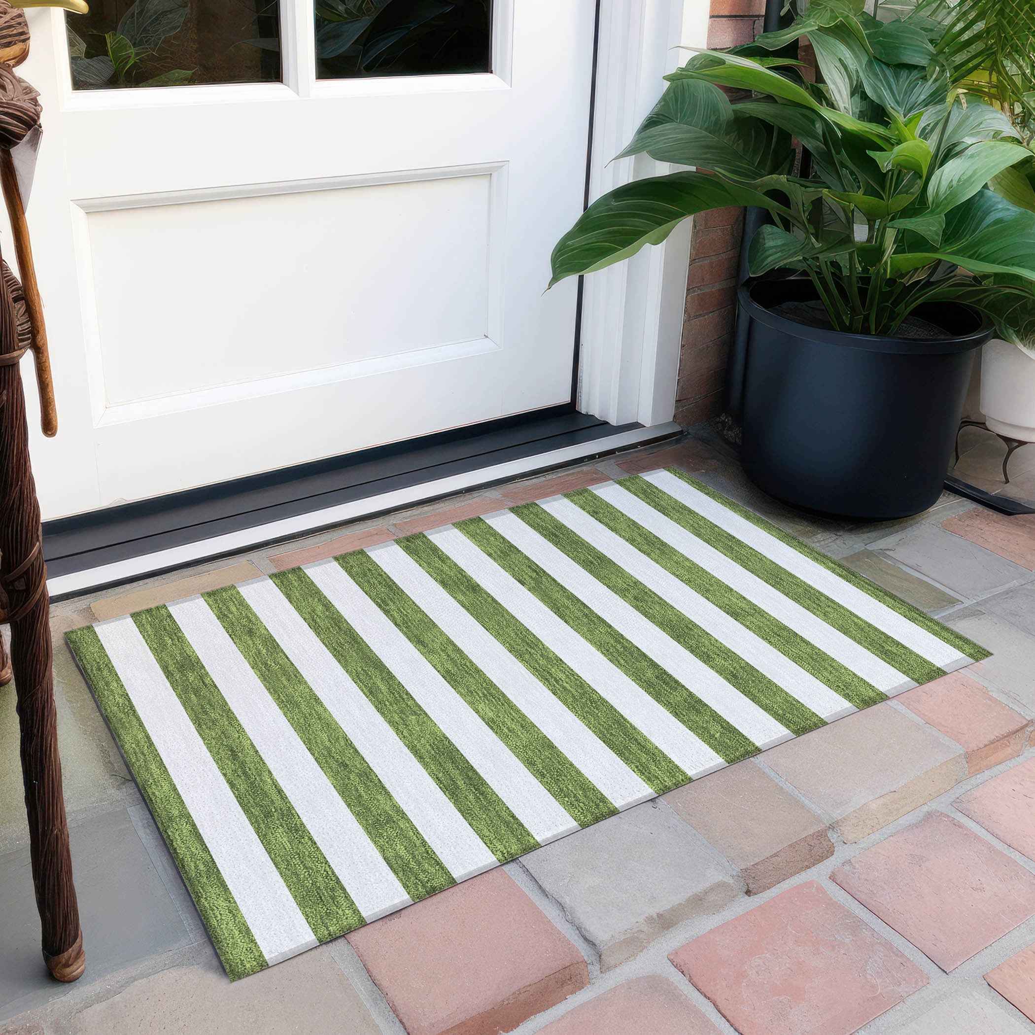 2' X 3' Olive Green Striped Washable Non Skid Indoor Outdoor Area Rug